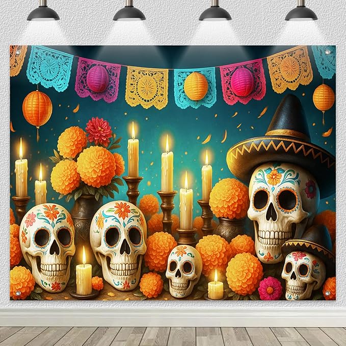Day of The Dead Backdrop Banner 8x6ft Dia de Los Muertos Sugar Skull Marigold Flowers Candles Papel Picado Mexican Fiesta Altar Halloween Party Decoration Photo Booth Background - sugar skull candle holder