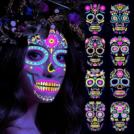 8 Sheets Day of the Dead Neon Face Tattoos Glow in the Dark, Halloween Skeleton Temporary Tattoos for Makeup, Dia De Los Muertos Sugar Skull La Catrina Paint Stickers for Women Adults Kids (Yellow) - sugar skull temporary tattoo