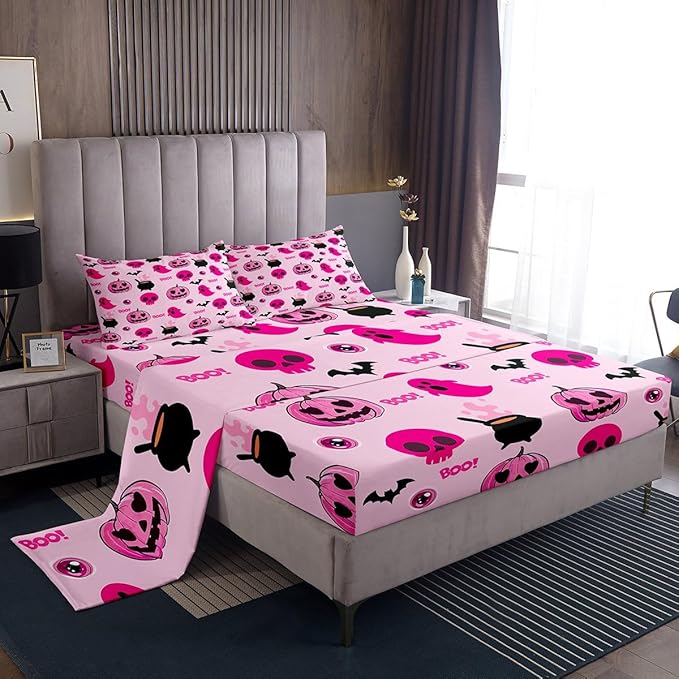 jejeloiu Happy Halloween Decor Bed Sheets Set Full Size Sugar Skull Bed Set Pumpkins Deep Pocket Fitted Sheet Bat Breathable Soft Lightweight Microfiber - sugar skull bedding set