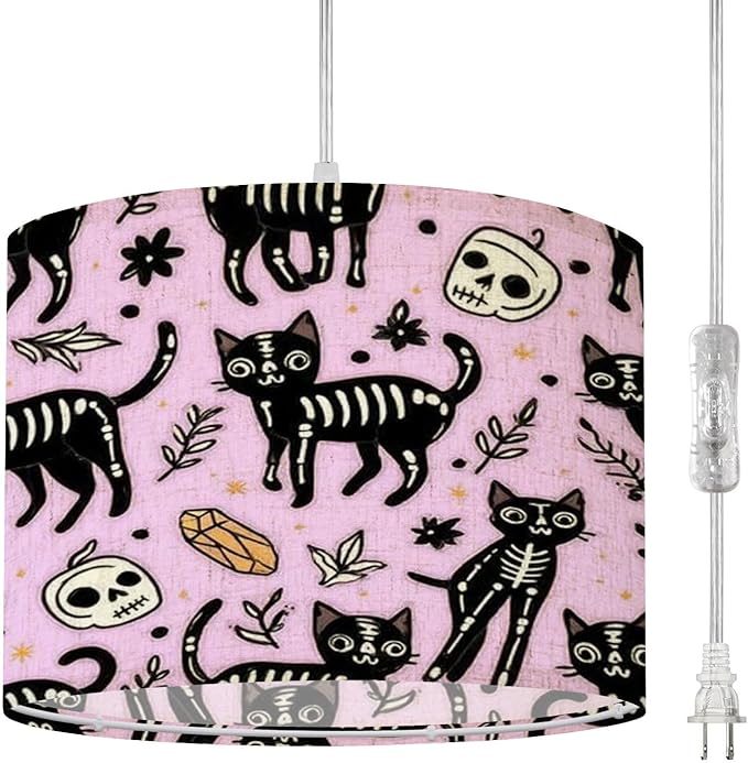Plug In Pendant Light Seamless cute cat sugar skulls cat skeletons flowers crystals Hanging Lamp with Clear Cord Fabric Shade Dimmable for Bedroom Kitchen Island Living Room Light Fixtures - sugar skull table lamp