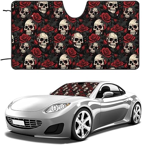 Gothic Rose Sugar Skull Car Windshield Sunshade Front Window Sun Visor Protector Foldable Heatshield Cover for Truck SUV Blocks UV Rays 51"x28" - sugar skull car sunshade for windshield