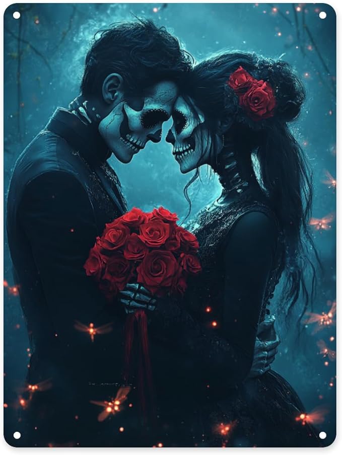 sugar skull couple & red roses wall art Metal tin sign, gothic home decor Tinplate,Living room, men's cave, playroom, bedroom walls decorated aluminum plaques, 12x16 inch - sugar skull plates set