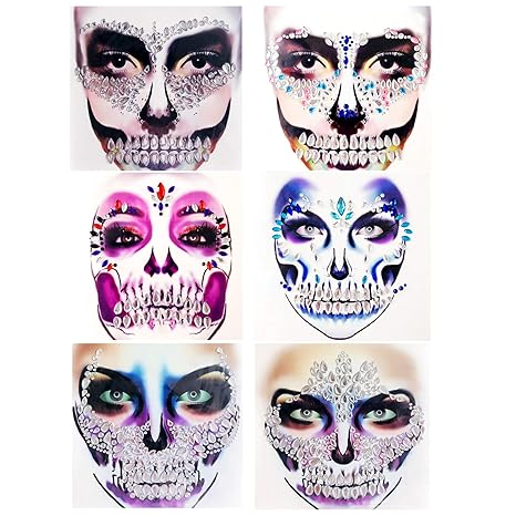 Skeleton Face Gems Kit, 6 Sheets Varied Designs with White Blue Red Purple Rhinestones, Skull Face Frame Stickers for Eyes Nose Teeth, Halloween Makeup Jewel Accessories - sugar skull temporary tattoo