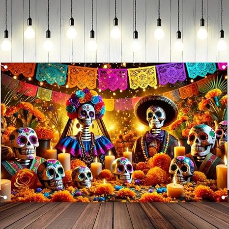 Day of The Dead Banner 71x43 inch Dia de Los Muertos Colorful Sugar Skull Banner withMarigold Flowers and Candles for Halloween Party Decorations Festival Decor - sugar skull candle holder