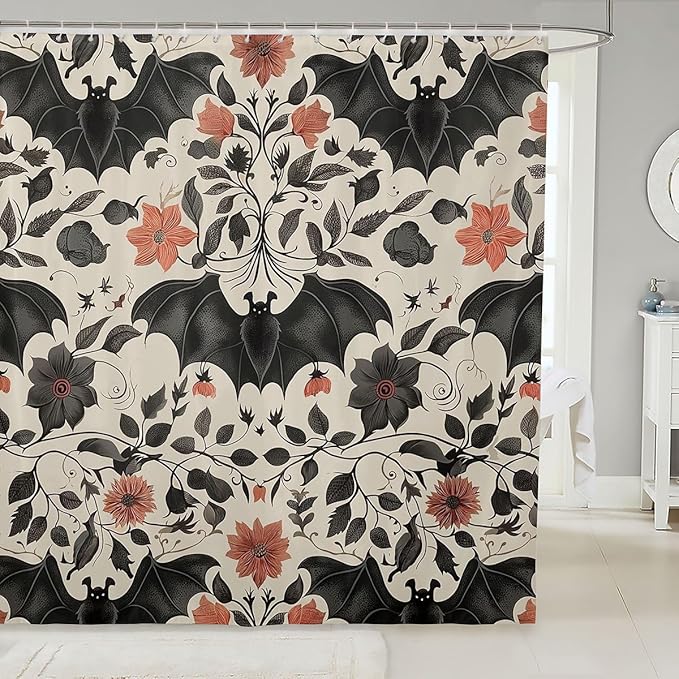 Erosebridal Bats Halloween Decoration Shower Curtain Set Gothic Bath Curtain 72" Wx72 L, Boho Vintage Floral Victorian Decor Goth Silhouette Dark Shadows Bathroom Accessories - sugar skull shower curtain set