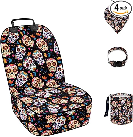 Sugar Skull 4 PCS Car Seat Cover Dog Seat Cover for Front Seat Dog Bandanas Collar Strap Car Garbage Can Large Capacity Cars Accessories for Truck SUV - sugar skull car pet seat cover