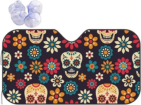 Halloween Ghost Sugar Skull Car Windshield Sun Visor, 55"×29.9" Sun Visor for Cars and SUV - sugar skull car sunshade for windshield