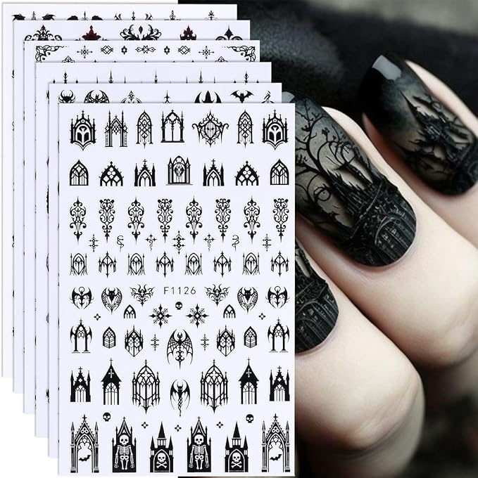 Halloween Nail Art Stickers Decals 3D Gothic Nail Stickers 6PCS Black Skulls Bat Gothic Architecture Design Self-Adhesive Nail Decals Y2K Manicure Accessories for Women Holiday Nail Art Decorations - sugar skull nail art