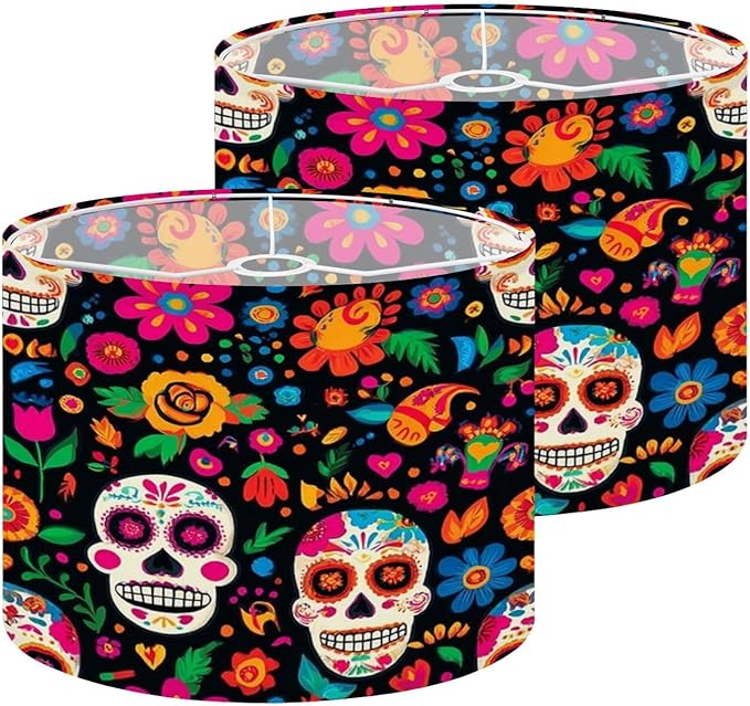 boho Lampshades Lamp Shades set of 2 Colorful Sugar Skull Vibrant Flowers Black Light Shade for Table Lamps Floor Lamps Drum Lamp Shades Lampshade Replacement - sugar skull table lamp