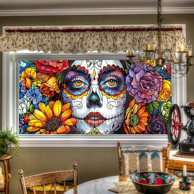 Sugar Skull Stained Glass Window Film 39.37x17.72 Inches Privacy Window Film Decorative Cling Static Non Adhesive Removable Anti UV Seasonal Glass Decals for Home Decor - sugar skull wine glass