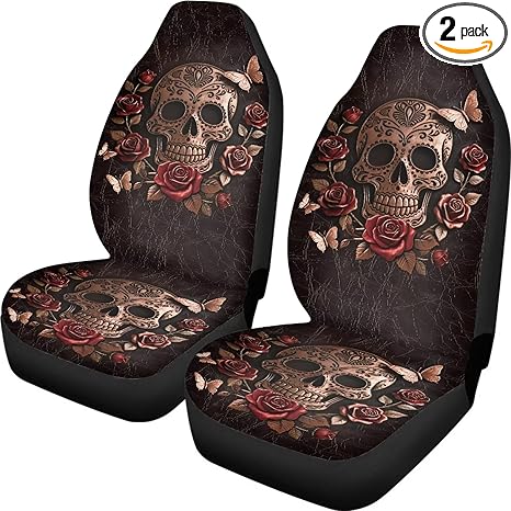 Talayituse Sugar Skull Rose Butterfly Print Car Seat Cover Front Seats Only Full Set of 2, Halloween Decoration Universal Bucket High Back Car Front Seat Covers - sugar skull car seat covers set