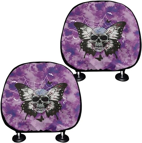 Babrukda Car Seat Head Rest Cover Tie Dye Skull Butterfly Headrest Cover 2PCS Set, New Interchangeable Auto Seat Cushion Protector Fit Most Sedan Van SUV Truck - sugar skull car pet seat cover