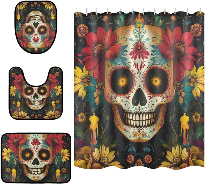ALAZA Sugar Skull and Flowers Shower Curtain Set with Non-Slip Bath Mat, Toilet Lid Cover Mat,U-Shaped Contour Toilet Rug,Shower Curtain with 12 Hooks for Bathroom Home Decor - sugar skull toilet mat set