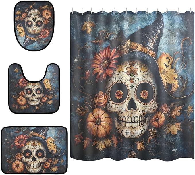 ALAZA Sugar Skull Pumpkins Shower Curtain Set with Non-Slip Bath Mat, Toilet Lid Cover Mat,U-Shaped Contour Toilet Rug,Shower Curtain with 12 Hooks for Bathroom Home Decor - sugar skull toilet mat set