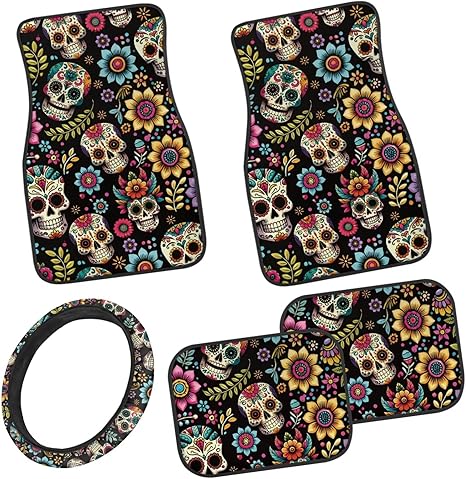 Sugar Skull Car Floor Mats Car Steering Wheel Cover Full Set Rubber Non-Slip Easy to Install Full Set Front & Rear Floor Mats for Additional Protection Car Mats Full Set 5 Pcs - sugar skull car floor mats