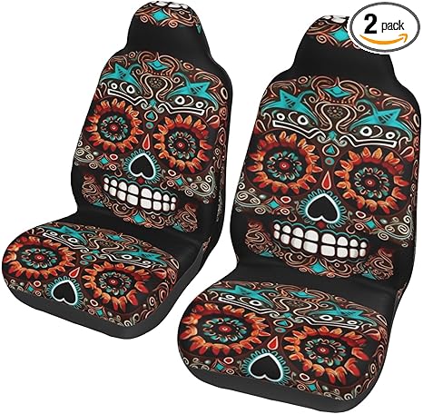 Car Front Seat Covers Set Of 2, Elastic Breathable Car Front Seat Protector Soft Comfy Vehicle Seats Cushion Cover Sugar Skulls Day Of The Dead Car Accessories Universal For Most Suv Sedan Truck - sugar skull car seat covers set