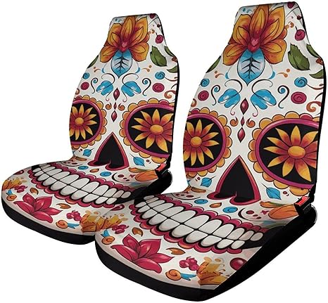 Colorful Sugar Skull Car Seat Covers Elastic Front Seat Protector Cover Universal Motors Seat Covers Automobile Interior Accessories for Most Vehicles 2PCS - sugar skull car seat covers set