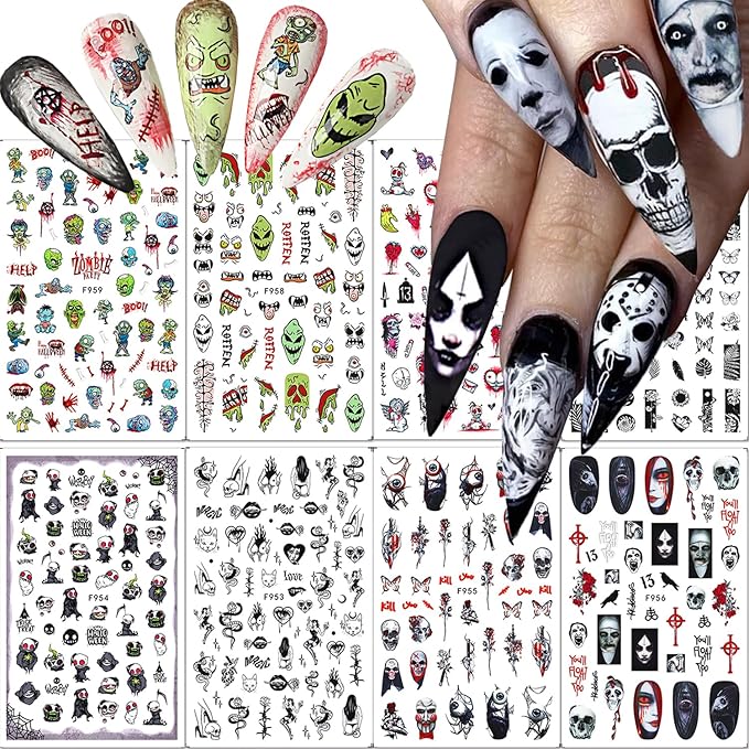 8 Sheets Halloween Nail Art Stickers 3D Punk Goth Nail Decals Evil Skull Rose Snake Nail Designs Sticker Self-Adhesive Halloween Nail Art Supplies Horror Zombie Nail Decorations for Women Manicure - sugar skull nail art