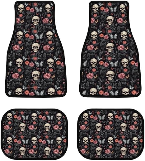 Gothic Flower Butterfly Sugar Skull Car Pet Floor Mats 4 Pieces Non Slip Rubber Backing Car Floor Mat for Car SUV & Truck,or Van - sugar skull car floor mats