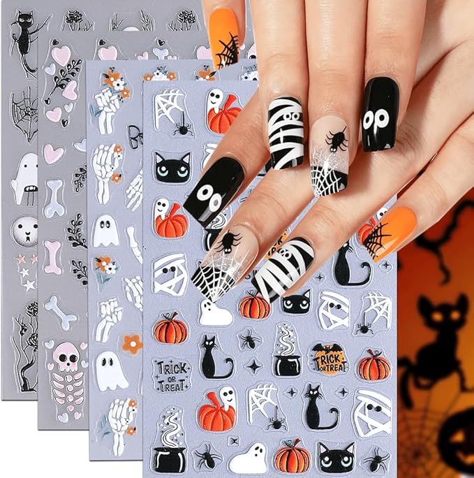 4Pcs Halloween Nail Stickers 3D Cat Pumpkin Skull Web Nail Decals DIY Self Adhesive Cobweb Cute Nail Design Halloween Nail Decoration Supplies Holiday Manicure Accessories for Women Girls - sugar skull nail art