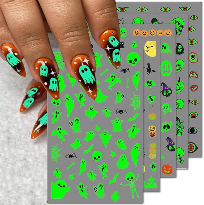 Glow in The Dark Halloween Nail Stickers for Nail Art Glowing Skull Ghost Nail Decals Self Adhesive Nail Design Sticker Halloween Nail Decoration for Women Supplies Holiday Manicure Accessories 5Pcs - sugar skull nail art