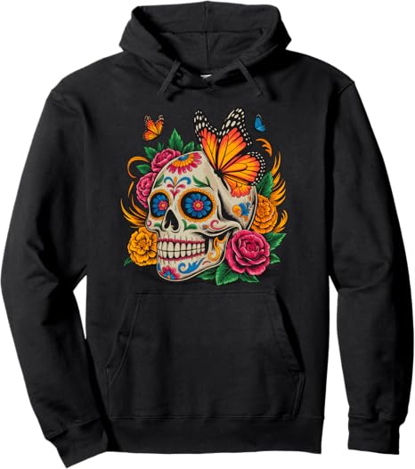 Sugar Skull Butterfly Halloween Dia De Muertos - sugar skull hoodie mens