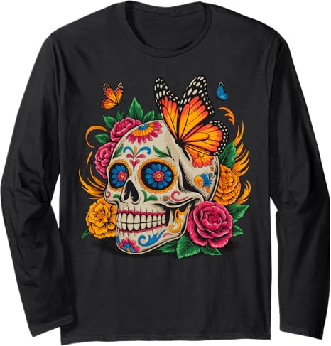 Sugar Skull Butterfly Halloween Dia De Muertos - sugar skull long sleeve shirt mens