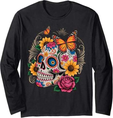Dia de Los Muertos Gothic Floral Sugar Skull - sugar skull long sleeve shirt mens