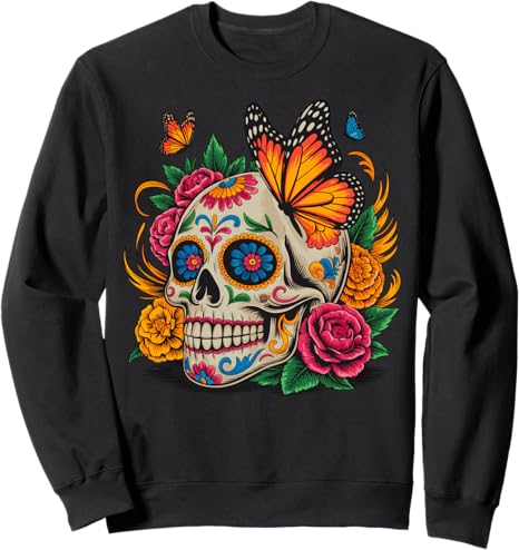 Sugar Skull Butterfly Halloween Dia De Muertos - sugar skull sweatshirt womens