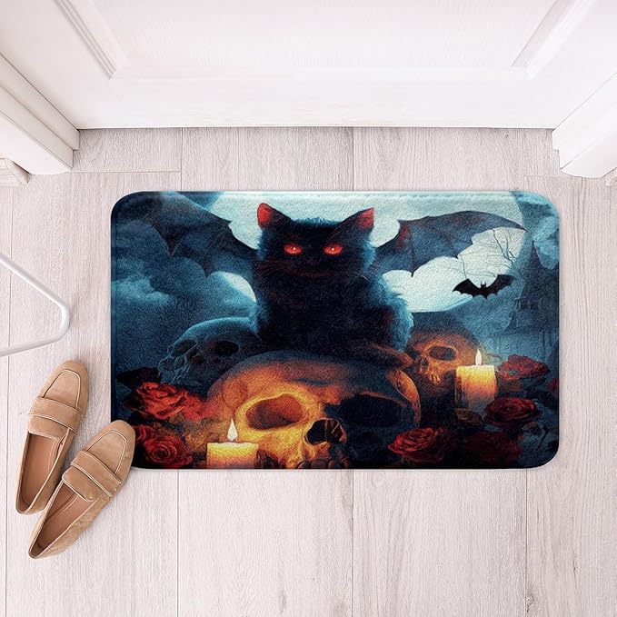 Erosebridal Vampire Cat Bathroom Rugs 16" x 24" Sugar Skull Bath Mat Bat Blue Moon Candle Doormat Cloud Fog Bat Wing Rose - sugar skull toilet mat set