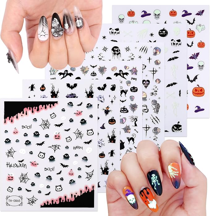 6 Sheets Halloween Nail Art Stickers, Ghost Nail Decals 3D Horror Ghost Skull Spider Web Bat Pumpkin Self-Adhesive Decals Designs,Halloween Nail for DIY Nail Supplies Decoration - sugar skull nail art
