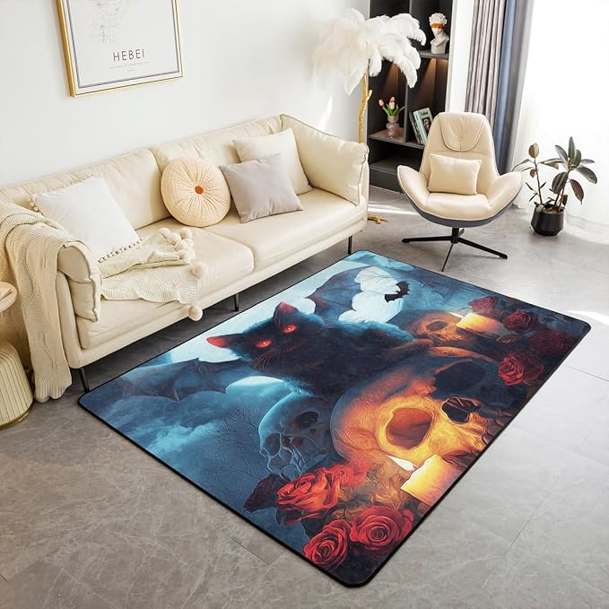 Erosebridal Vampire Cat Area Rug 4'11" x 3'3" Sugar Skull Living Room Rugs Bat Blue Moon Candle Decorative Carpet Cloud Fog Bat Wing Rose Indoor Floor Mat - sugar skull area rug
