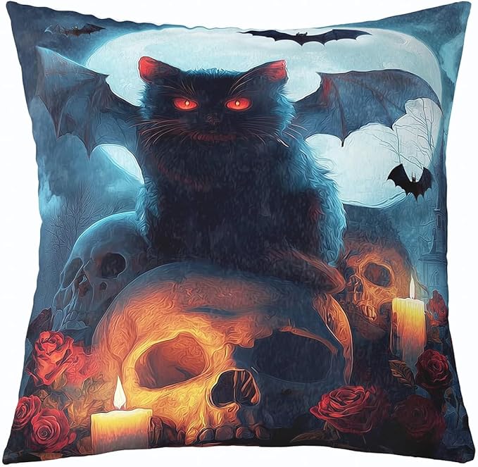 Erosebridal Vampire Cat Throw Pillow Cover 18x18 Sugar Skull Cushion Cover Bat Blue Moon Candle Cushion Case Cloud Fog Bat Wing Rose Decorative Pillowcase - sugar skull candle holder