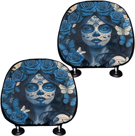 Bulopur Sugar Skull Girl Car Seat Headrest Cover for Women Soft Blue Rose Headrest Cushion Covers No-Slip Easy to Install Automotive Accessories Interior Decor 2Pcs Fit for Car, Truck or SUVs - sugar skull car seat covers set