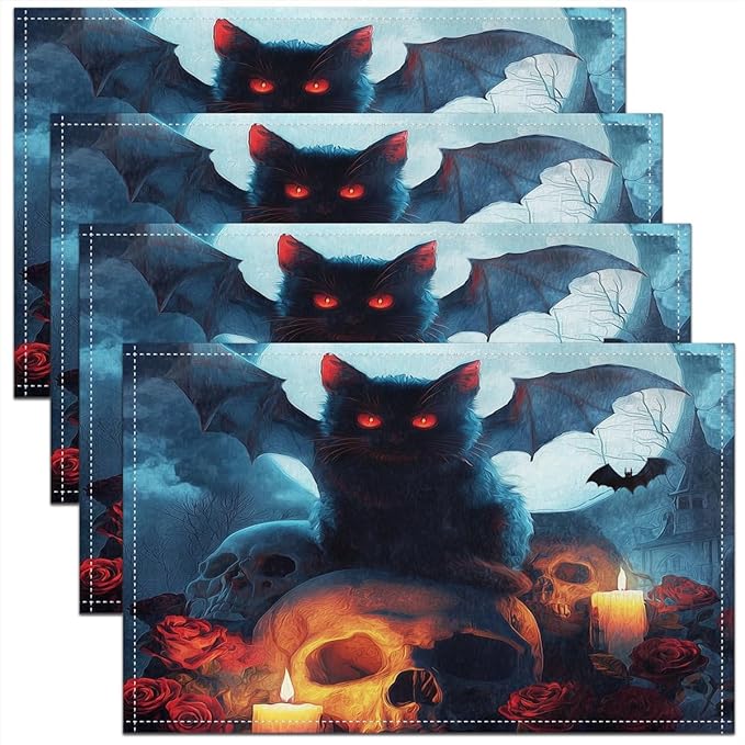 Erosebridal Vampire Cat 4 PCS of Placemats 12x18 Sugar Skull Place Mat for Dining Table Bat Blue Moon Candle Non Slip Table Mats Cloud Fog Bat Wing Rose - sugar skull candle holder