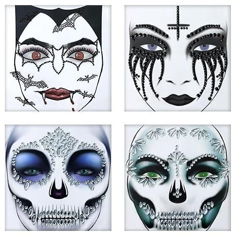 TailaiMei 4 Packs Face Gems Jewels Black and White for Halloween Festival Tattoo Stickers Rhinestone Crystal Body Gems Stones for Women Party Costume Makeup (2508) - sugar skull temporary tattoo