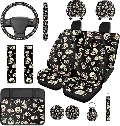 ELEQIN Funny Skull Car Accessories Front Rear Seat Covers Steering Wheel Seat Belt Headrest Covers Coaster Center Console Cushion Pad Keychain 14 Pcs Full Set Fit Most SUV Van Sedan Truck - sugar skull car seat covers set