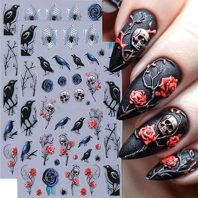 Halloween Nail Stickers 5D Embossed Skeleton Rose Nail Decals Self-adhesiveBlack Birds Skull Nails Design Flower Nails Supplies Spider Web Accessories for Halloween Women DIY Manicure Decorations 2Pcs - sugar skull nail art