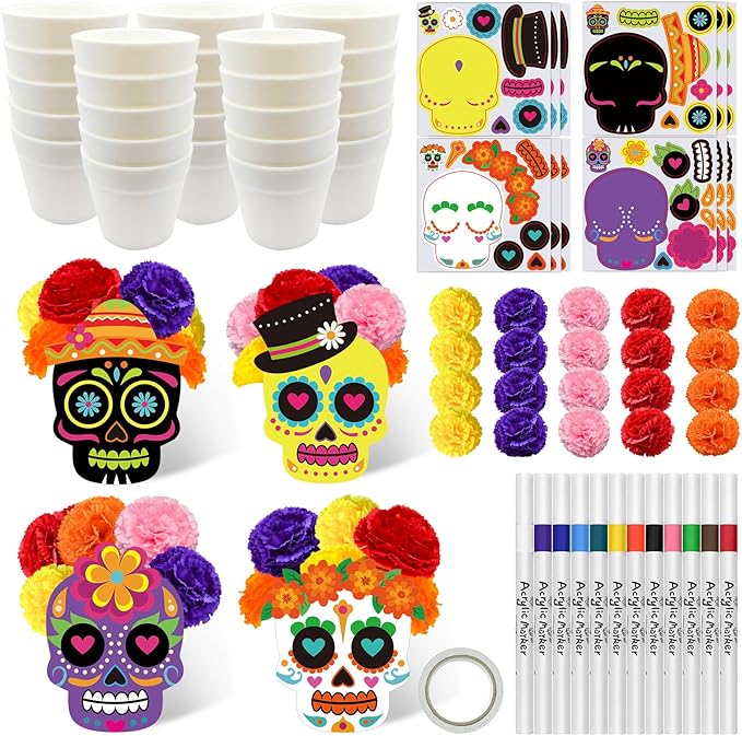 Cinrobiye 12 Set Day of The Dead Table Centerpiece DIY Dia De Los Muertos Skull Crafts Kits with Pots Marigold Flowers for Halloween Party Day of The Dead Table para Altar De Muertos Cemetery Decor - sugar skull christmas ornament