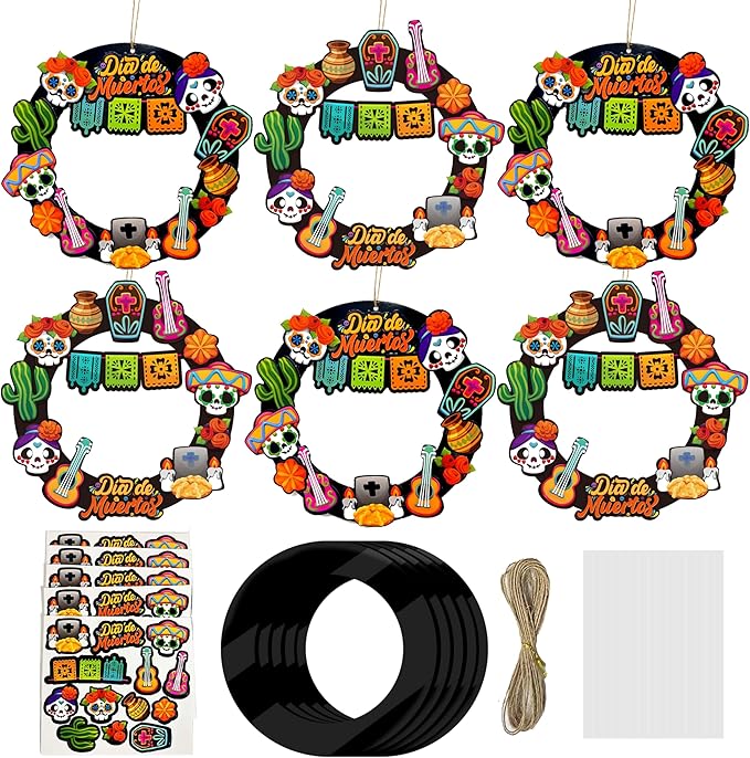 Cinrobiye 24Set Day of The Dead Wreath Craft Kit Dia De Los Muertos Hanging Ornament Kit DIY Sugar Skull Decoration for Halloween Party Favors Pinata Goodie Bag Fillers Holiday Home School Art Project - sugar skull christmas ornament