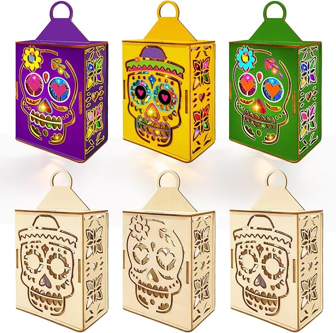 Cinrobiye 6 Set Day of The Dead Craft Kits DIY Wooden Skull Candle Holder Craft Kit to Build and Paint Dia De Los Muertos Lanterns Ornament Arts for Halloween Party Indoor&Outdoor Yard Table Decor - sugar skull christmas ornament