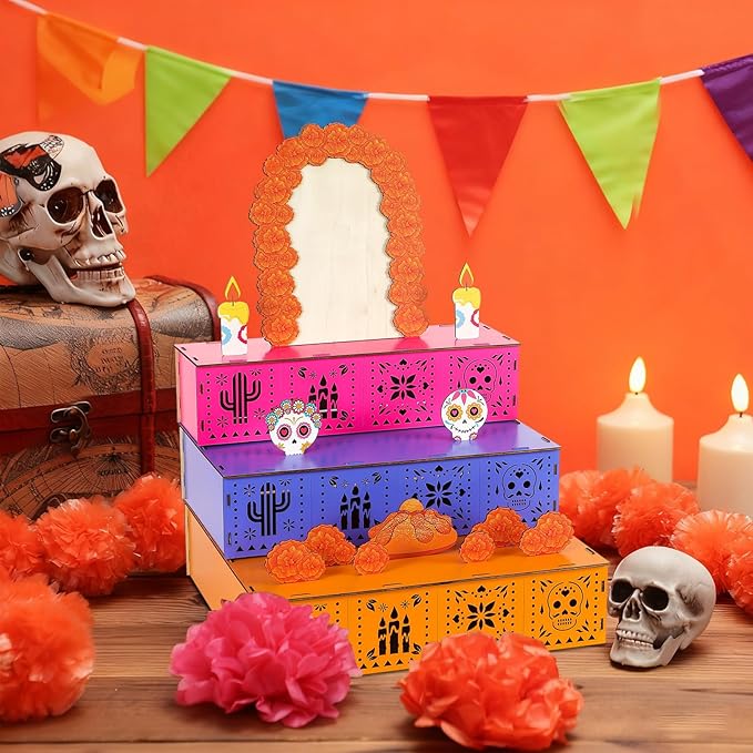 Dia De Los Muertos Ofrenda Altar Decoration Day of The Dead Decor Wooden Box with Marigold flower Monarch Butterfly Photo Frame Candle Sugar Skull Day of the Dead Party Remembrance Supply - sugar skull candle holder