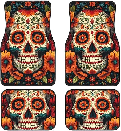 Car Floor Mats 4 Piece Universal Fit Interior Waterproof Automotive Mats Colorful Sugar Skull Car Mat Non-Slip Cars Mat for SUV Most Vehicles - sugar skull car floor mats