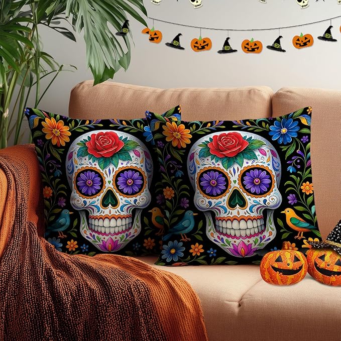 Pack of 2 Day of The Dead Pillow Covers 18x18 Inch Colorful Sugar Skull with Flowers and Birds Halloween Pillow Covers Spooky Throw Pillow Covers for Couch Pillows Bed Sofa Home Decor - sugar skull throw pillow