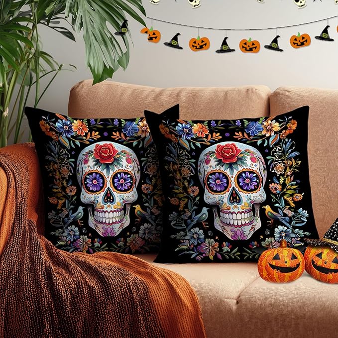 Day of The Dead Pillow Covers 18x18 Inch Pack of 2 Colorful Sugar Skull with Flowers and Birds Halloween Pillow Covers Spooky Throw Pillow Covers for Couch Pillows Sofa Bed Home Decor - sugar skull throw pillow