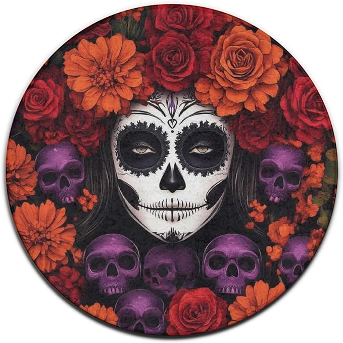 Highly Premium Quality Floor Mat, Office Chair Decor Mat, Room Sofa Yoga Soft Round Carpet Mexican Day of The Dead Sugar Skull Floral Women Art, 24inch - sugar skull yoga mat