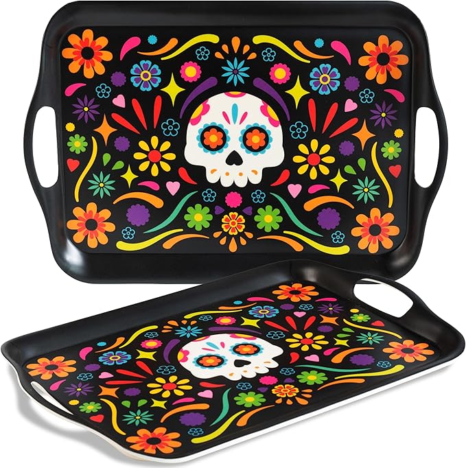 Oasis Choice 2-Pack Sugar Skull Christmas Serving Trays - 18x13 Inch Extra Large w/Handles for BBQ, Picnic, Party - Durable Lightweight Serving Platters - Bamboo Fiber and Marigold Decor (Black) - sugar skull christmas decorations