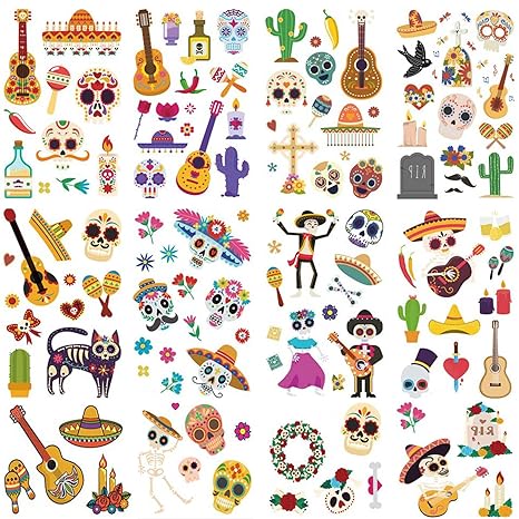 Day of The Dead Dia De Los Muertos Temporary Tattoos, 10 Sheet Halloween Festival Mexican Sugar Skull Carnival Themed Tattoo for Adult Kids Party Favors Supplies Decoration Q937 - sugar skull temporary tattoo