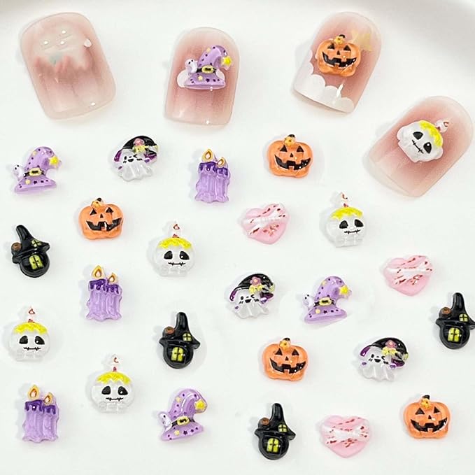 42Pcs Halloween Nail Charms 3D Halloween Nail Art Charms Cute Pumpkin Hat Ghost Flatback Nail Rhinestones for Women DIY Manicure Decoration Supplies - sugar skull nail art