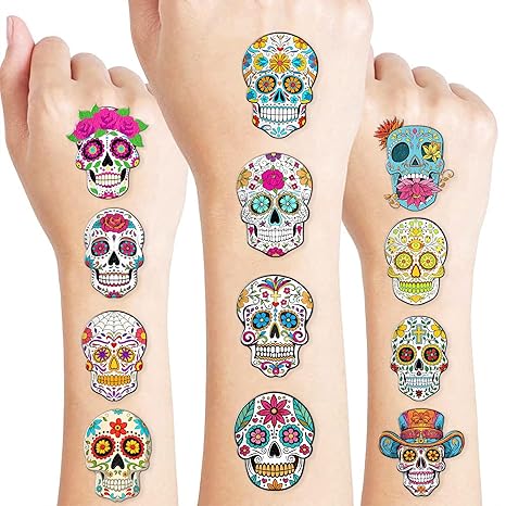 Skull Temporary Pre-Cut Tattoos for Kids – 60 PCS (5 Sheets) Fiesta Sugar Skull Party Favors, Mexican Day of the Dead Decorations, Cute Stickers for Baby Girls Boys, Classroom School Carnival Supplies - sugar skull temporary tattoo